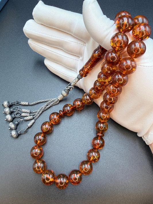 مسباح كهرمان روسي عطش مع شرابه طربزون فضه Russian Amber (Thirst/Atsh) Misbaha, عيار ١٠٠٠