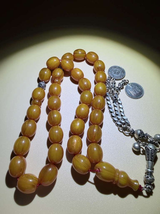 مسباح سندلوس مسكي خام عصيان مع شرّابة فضة عيار ٥٠٠ Raw Musk Sandalwood Misbaha with natural stick beads, finished with a 500 silver tassel