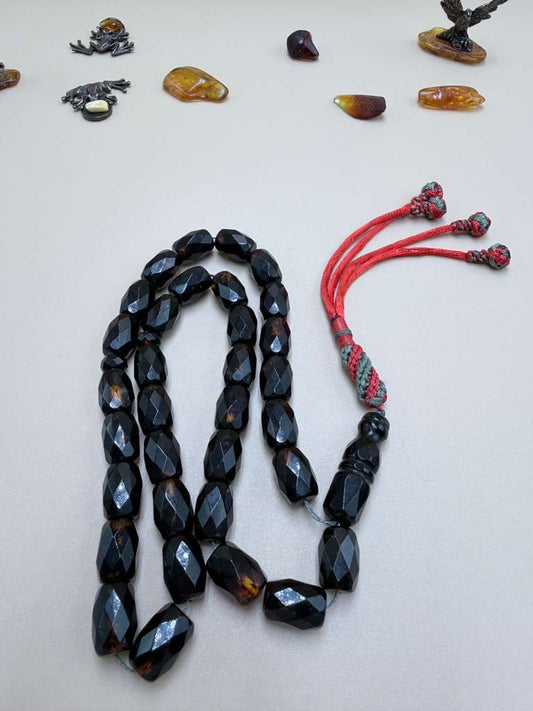 سباح كهرمان روسي مترش قصّة برميلي. Russian Amber Misbaha, polished “Barmeli” style.